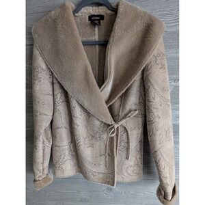 Eivissa Womens Tan Paisley Faux Shearling Wrap Jacket Faux Fur Trim Size MED